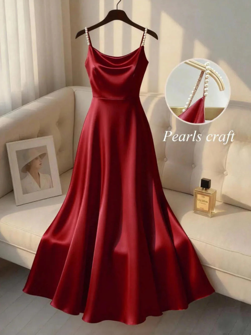 Vireous Pearl-Beaded Strap Satin Slip Retro Dress, Elegant Summer Evening Dress