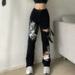 Women's Gothic Emo Alt Pants, Techwear, Hippie Baggy Jeans in Black