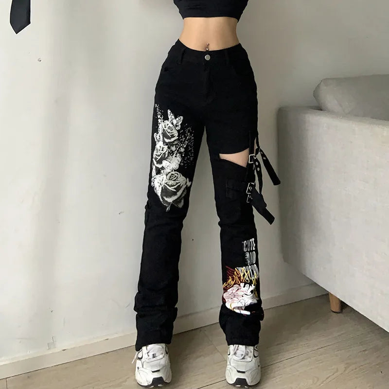 Women's Gothic Emo Alt Pants, Techwear, Hippie Baggy Jeans in Black