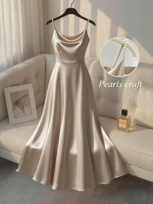 Vireous Pearl-Beaded Strap Satin Slip Retro Dress, Elegant Summer Evening Dress