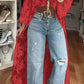 Vireous Lace Floral Extra-Long Shirt Top, High Neck Overwear