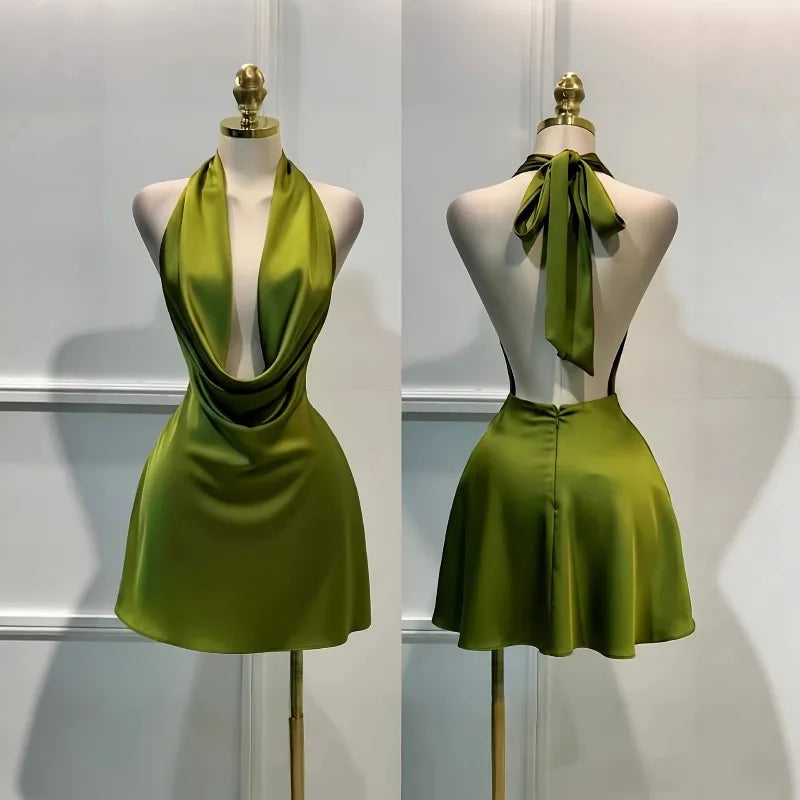 Vireous Satin Party Mini Dress, Open Back Summer Evening Wear