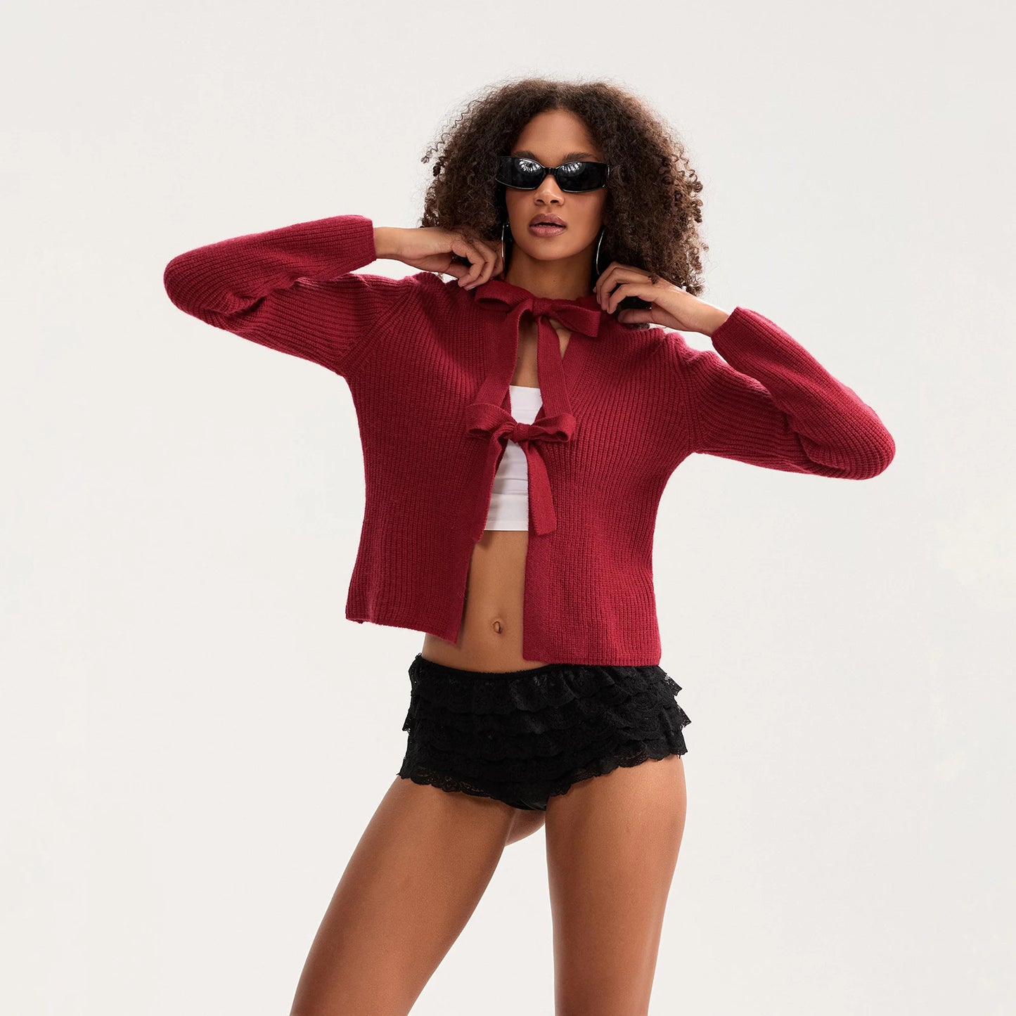 Bow Tied Front Knitted Women's Cardigan, Multi Colours