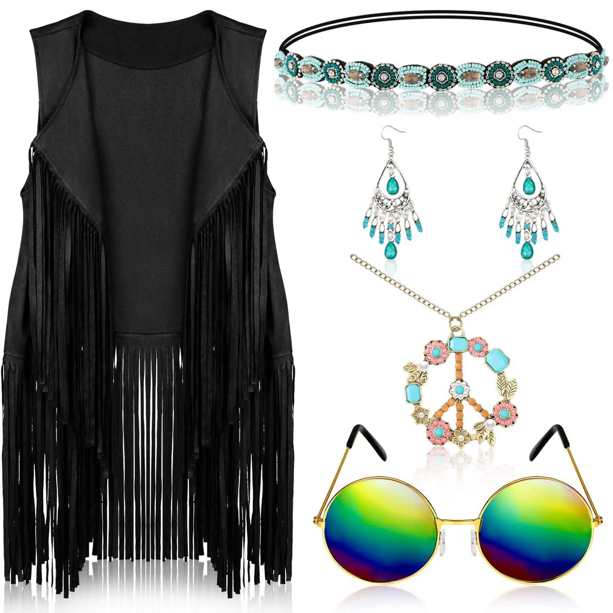 Complete Outfit, 60s 70s Hippie Disco Peace Love Costume with Cowgirl Vest Top