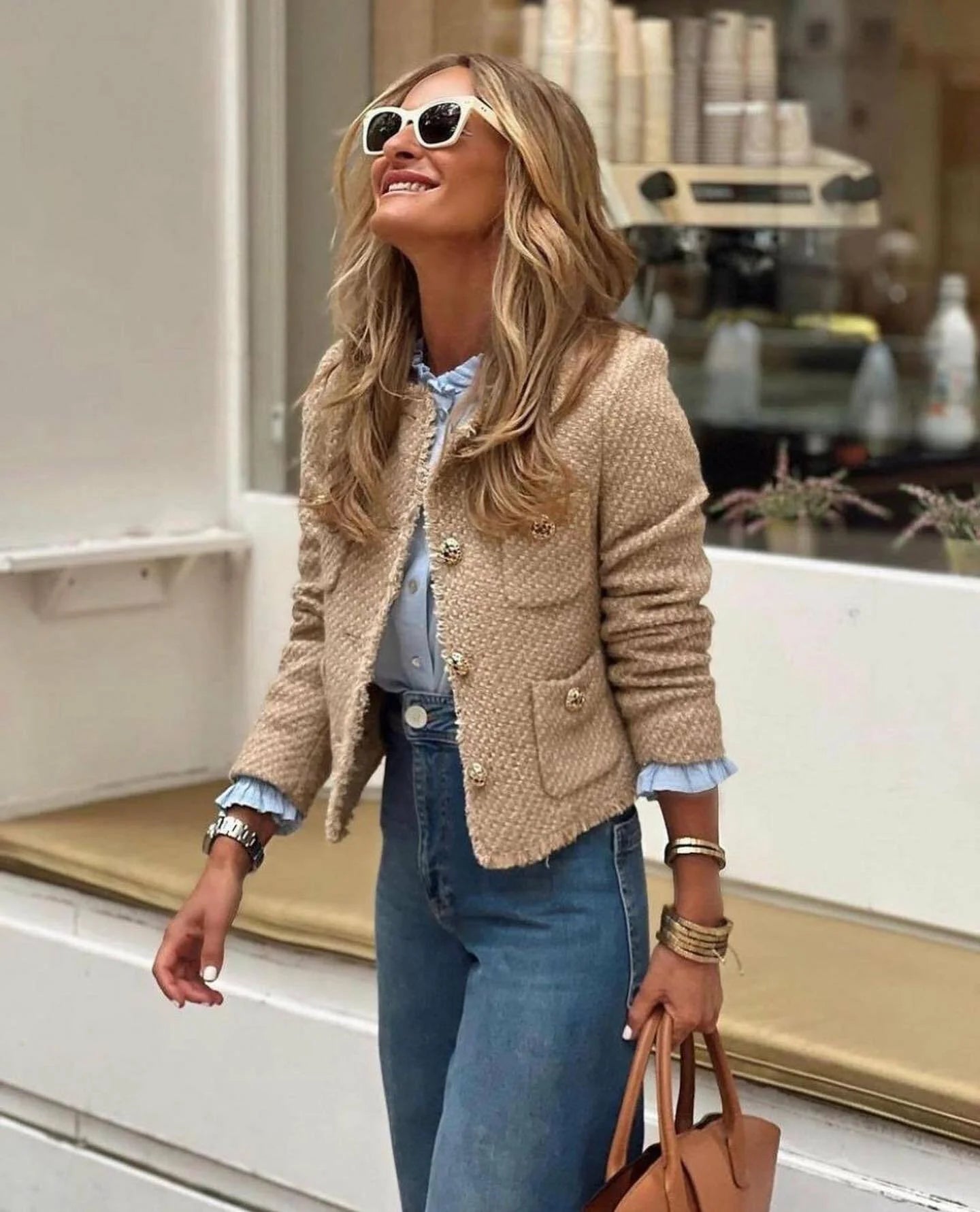 Vireous Round-Neck Simple Tweed Jacket, Multi Colours