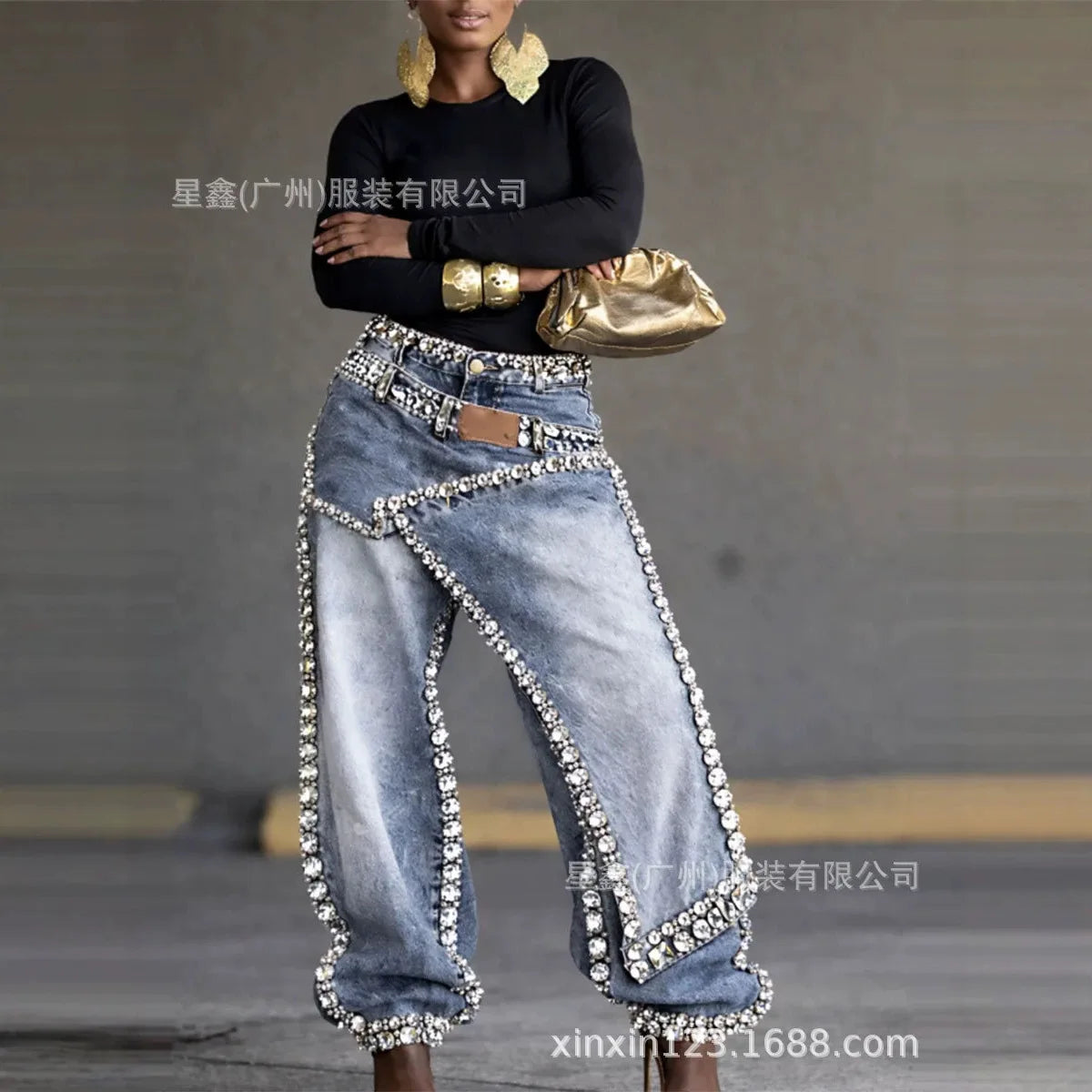 Women's Fashion Hipster Baggy Distressed Jeans with Sparkling Rhinestones