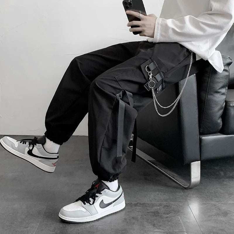 Goth Women's Cargo Pants, Joggers in Black, Techwear with Chain