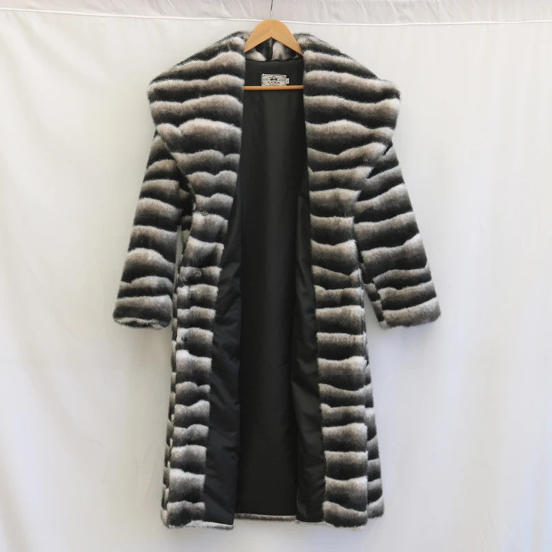 Vireous Women's Faux Fur Coat, Large Lapel Zebra-Print Mink Long Coat