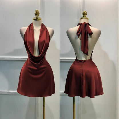 Vireous Satin Party Mini Dress, Open Back Summer Evening Wear