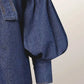 Vireous Women's Princess Sleeves High-Neck Bow Tie Denim-Look Blouse