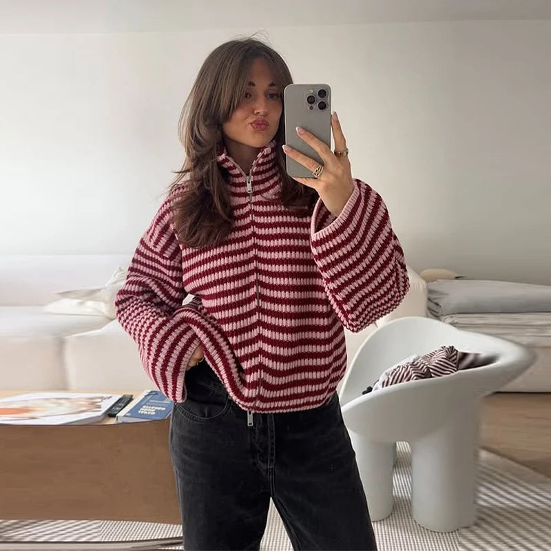 Women's Striped Knitted Coat, Soft Outerwear in Pink or Green