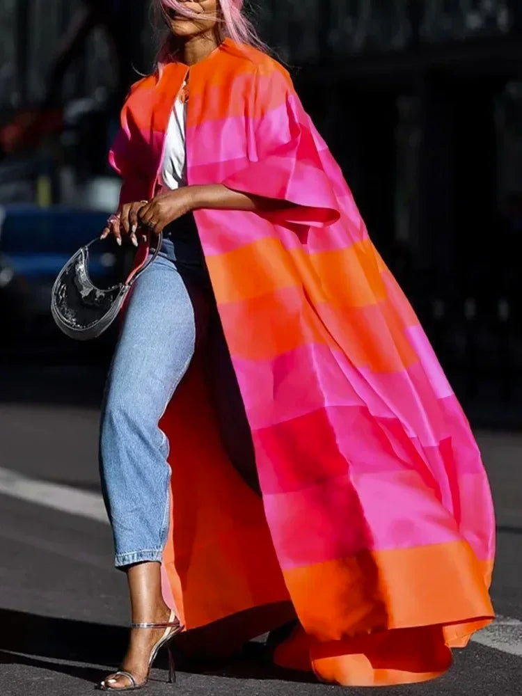 Vireous Pink Orange Big Bold Elegant Cape Coat, Catwalk Collection