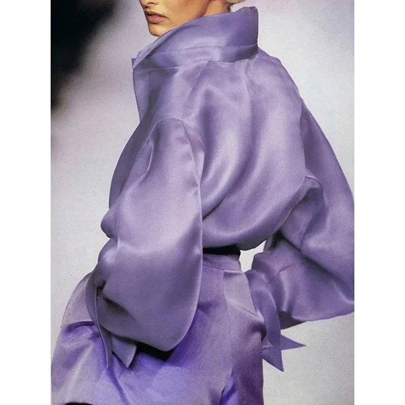 Vireous Women's Light Purple Chiffon Big Bold Collar Loose Tuxedo Blouse