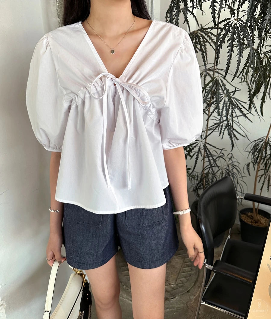 Puff Sleeve Women's Businesswear Casual Lace-Up Shirt