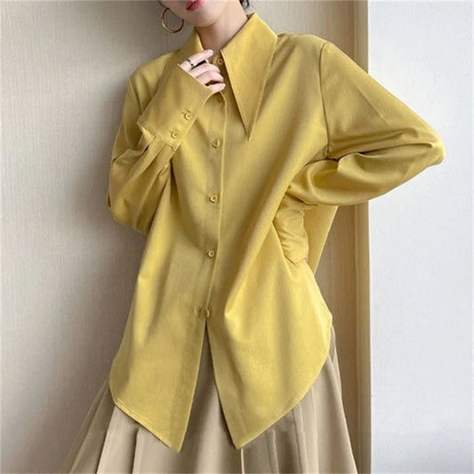 Vireous Long-Sleeve Peter Pan-Collar Blouse, Spring and Autumn Style