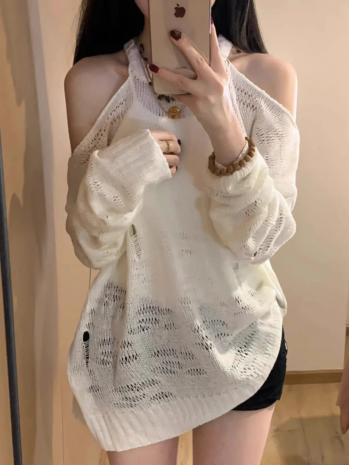Dark Cross Punk Gothic Cold-Shoulder Loose See-Through Crop Top
