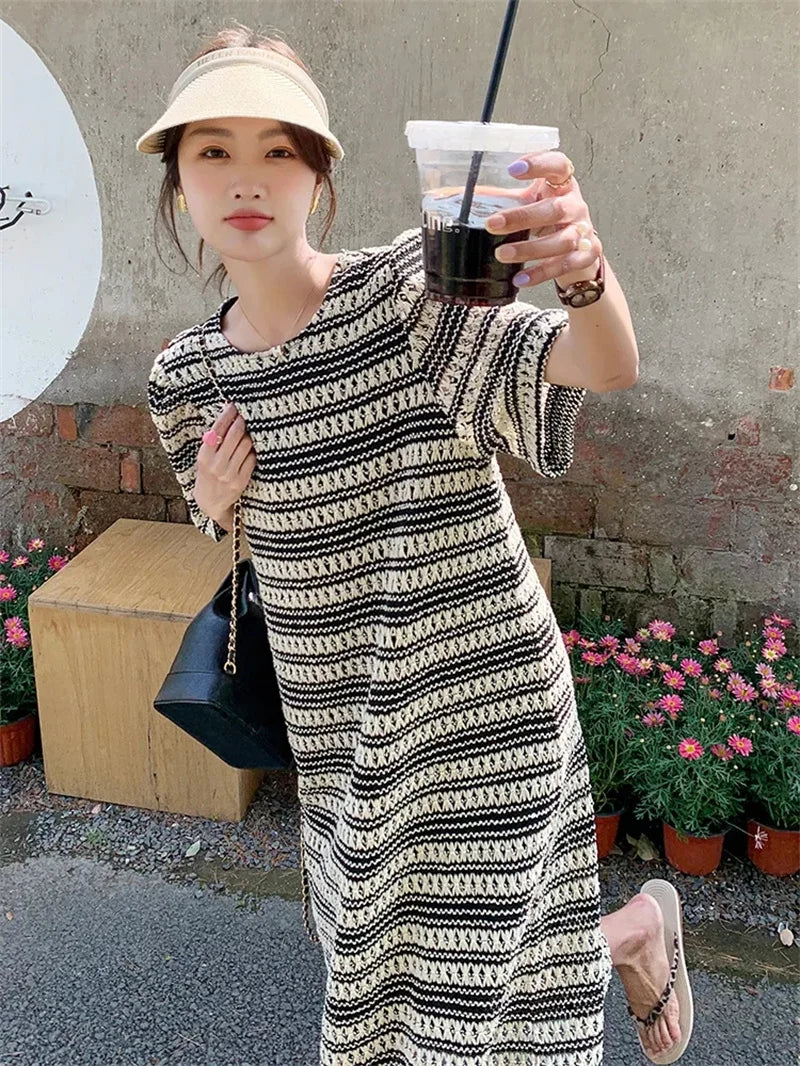 Vireous French-Style Striped Knitted Loose Dress