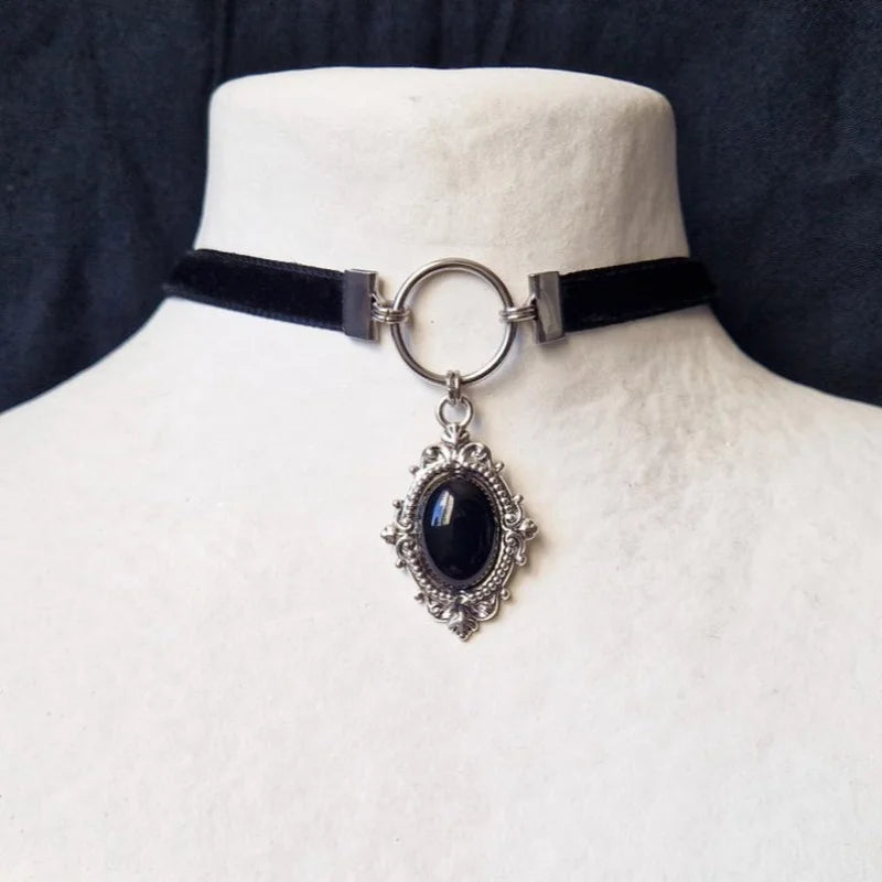 Dark Cross Gothic Vampire Cameo Pendant, Velvet Choker Necklace, Multi Designs