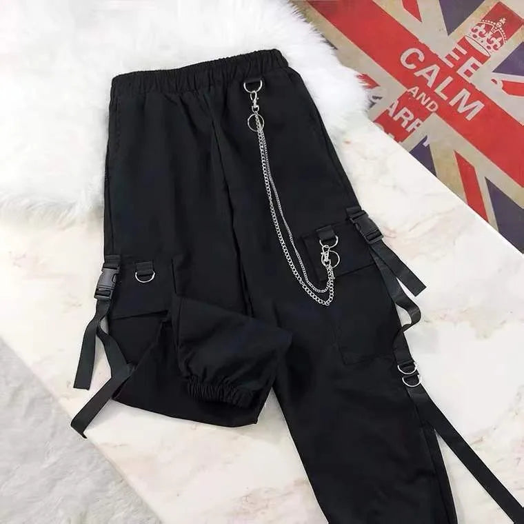 Goth Women's Cargo Pants, Joggers in Black, Techwear with Chain