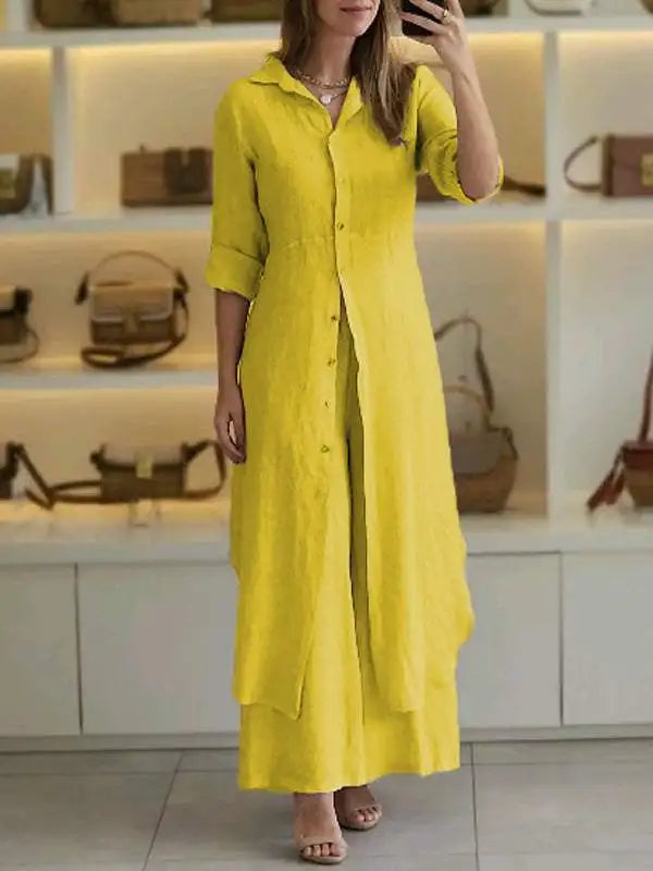 Elegant Lapel Single-Breasted Long Shirt and Wide-Leg Pants Suit