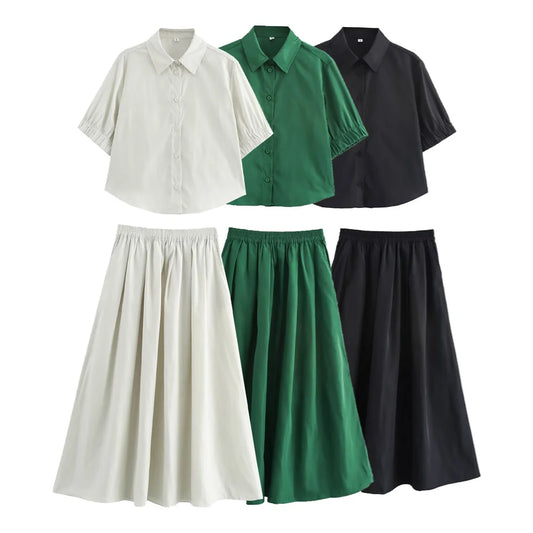 Women's Fashion Casual Swing Midi Skirt and Top, Two Piece Set