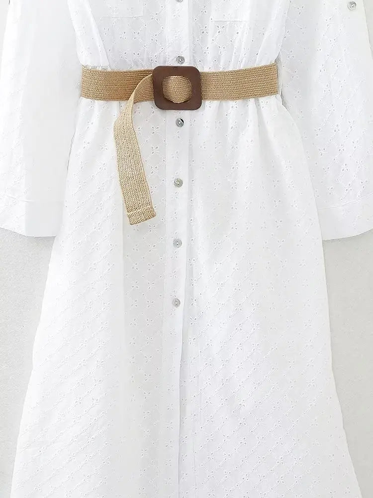 Vireous French Country-Style Pure Cotton White Midi Dress