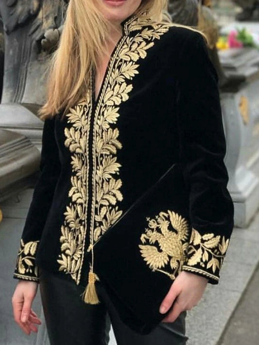 Women's Gold Braided Stand-Collar Black Velvet Blouse