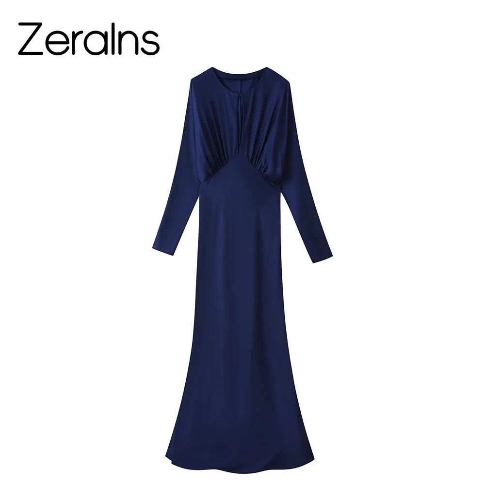 Elegant Round-Neck Silky Satin Long Dress in Navy