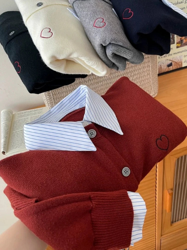 Vireous French-Style Polo Collar Fake-Two Piece Cardigan