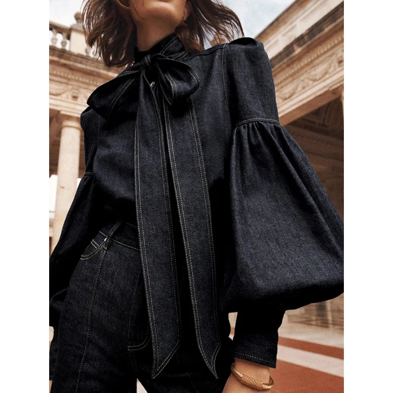 Vireous Women's Princess Sleeves High-Neck Bow Tie Denim-Look Blouse
