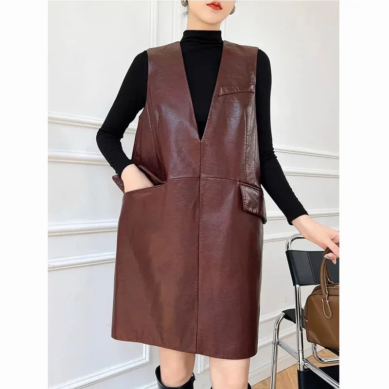 Women's Classic Genuine Leather Smock Dress, Outerwear in Wine Red