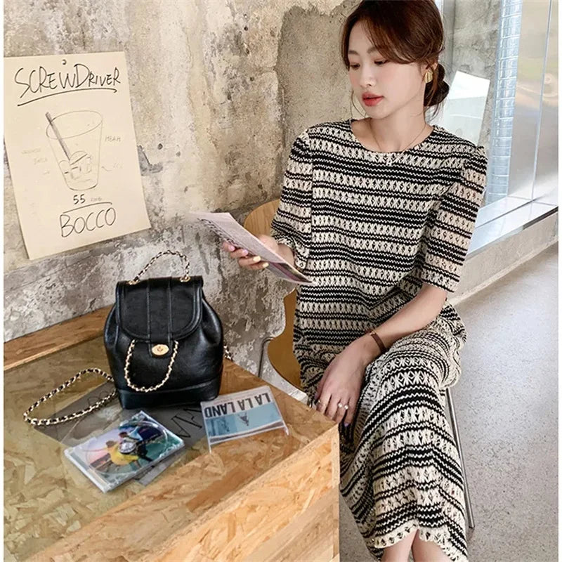 Vireous French-Style Striped Knitted Loose Dress