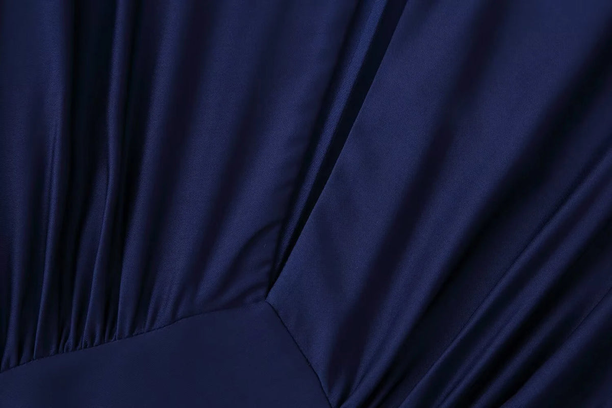 Elegant Round-Neck Silky Satin Long Dress in Navy