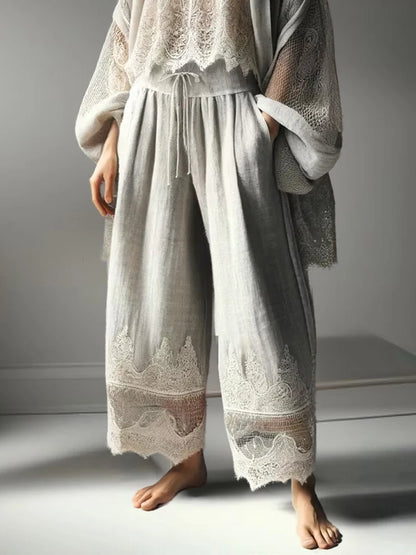 Vireous Women's Casual Trousers, Fashion Bohemian Lace Patchwork Loose Pants