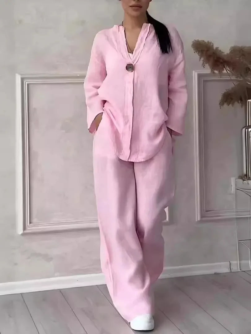 Women's Cotton and Linen Round-Neck Summer Short-Sleeves Pants Suit