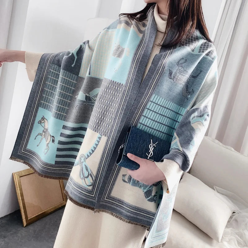 Extra-Large Cashmere Scarf, Equestrian-Print Blanket Wrap, Pashmina