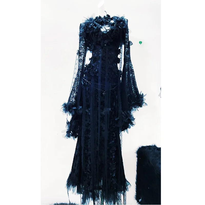 Dark Cross Romantic Goth Vintage Lace Evening Dress with Floral Appliques