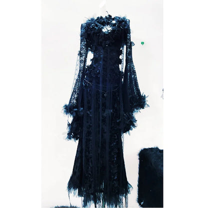 Dark Cross Romantic Goth Vintage Lace Evening Dress with Floral Appliques