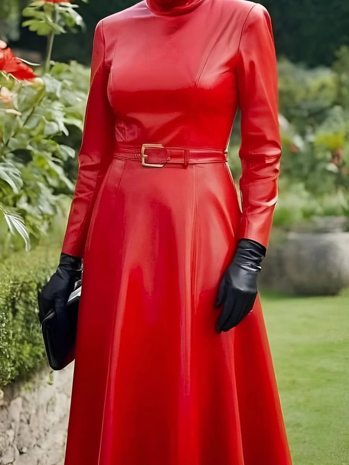 Vireous Red PU Leather Belted Women's Maxi Dress