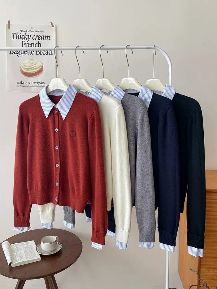 Vireous French-Style Polo Collar Fake-Two Piece Cardigan