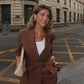 Cotton Linen Women's Belted Businesswear, Coffee Jacket and Shorts Two-Piece
