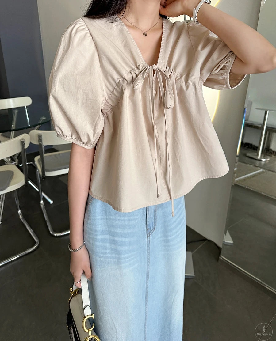 Puff Sleeve Women's Businesswear Casual Lace-Up Shirt