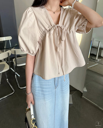 Puff Sleeve Women's Businesswear Casual Lace-Up Shirt