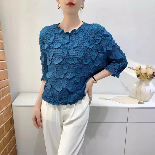 Miyake Embroidered Hand-Pleated Women's Round-Neck Top