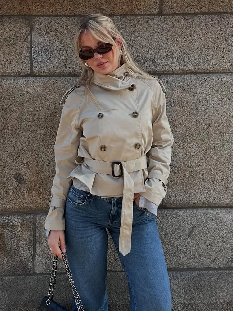 Vireous Women's Short Jacket Belted Trench Coat