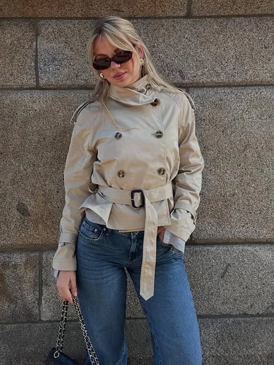 Vireous Women's Short Jacket Belted Trench Coat