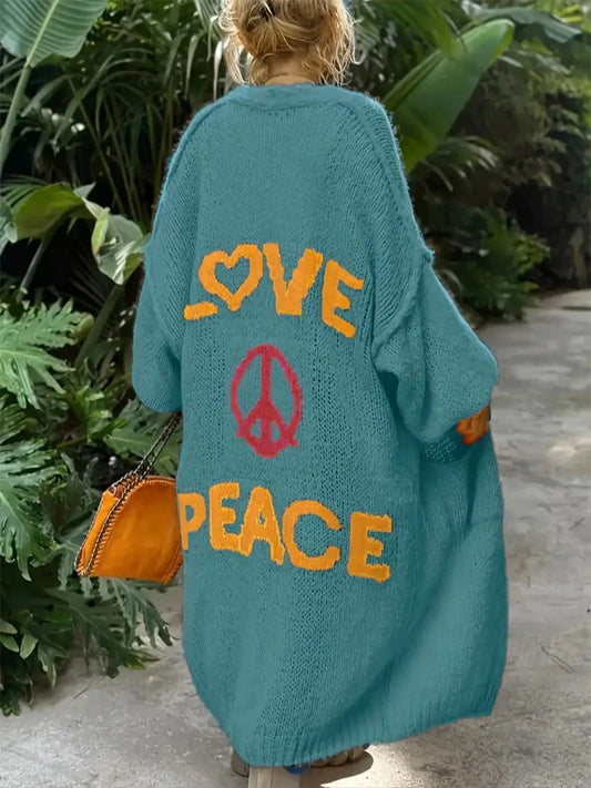 'Love and Peace' New Design Women's Long Knitted Cardigan, Sweater Coat