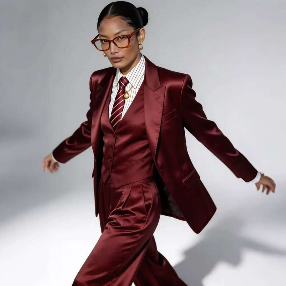 Professional Performance Wear Women's Tuxedo, Gold Satin Three-Piece Suit, Night Wear