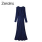 Elegant Round-Neck Silky Satin Long Dress in Navy