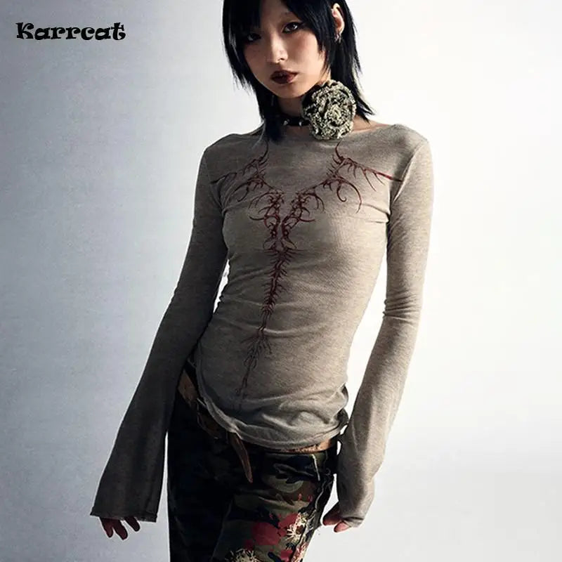 Women's Grunge Aesthetic Knitted Top with Spine Design